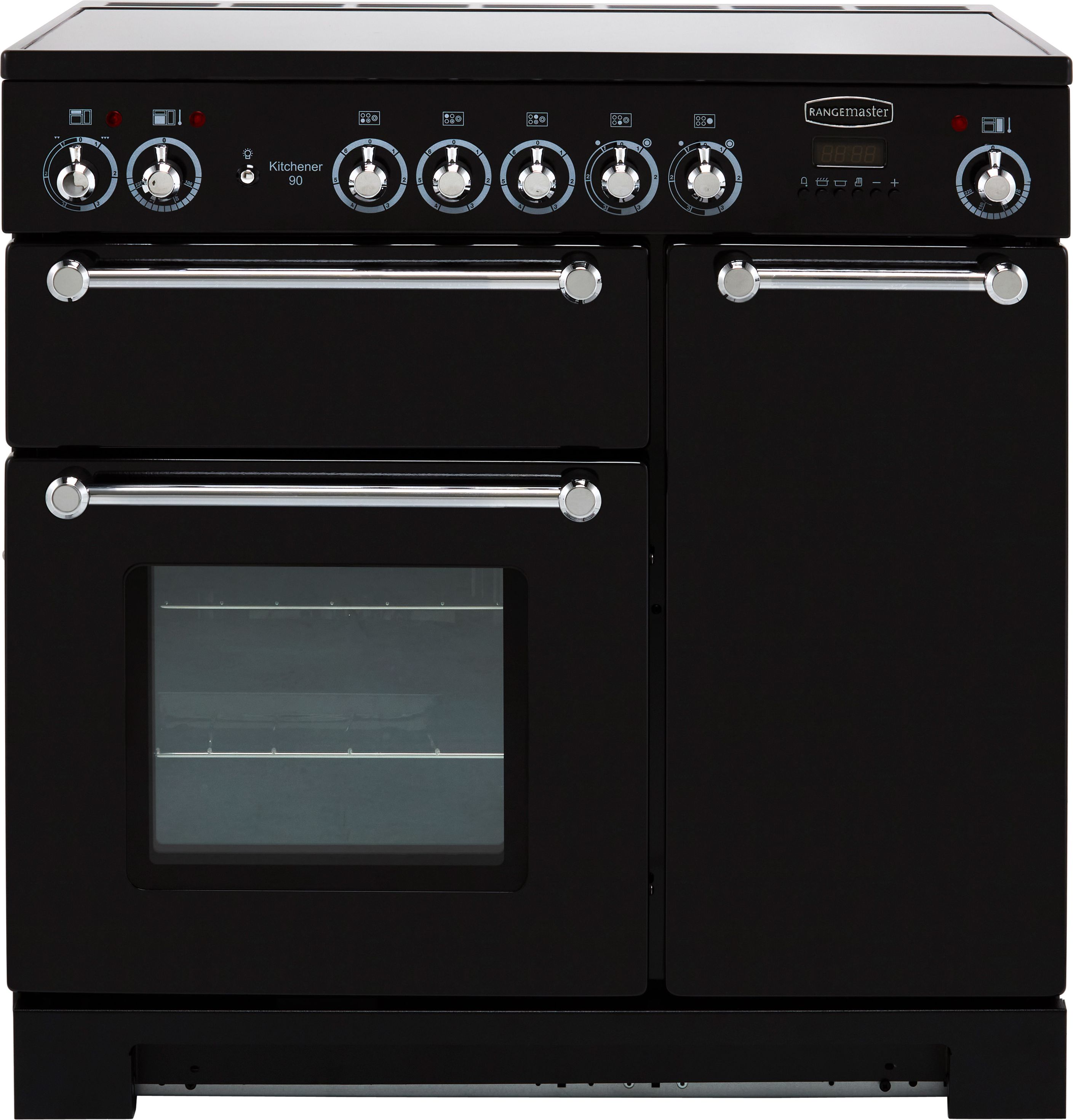 Rangemaster Kitchener KCH90ECBL/C 90cm Electric Range Cooker with Ceramic Hob - Black / Chrome - A/A Rated, Black