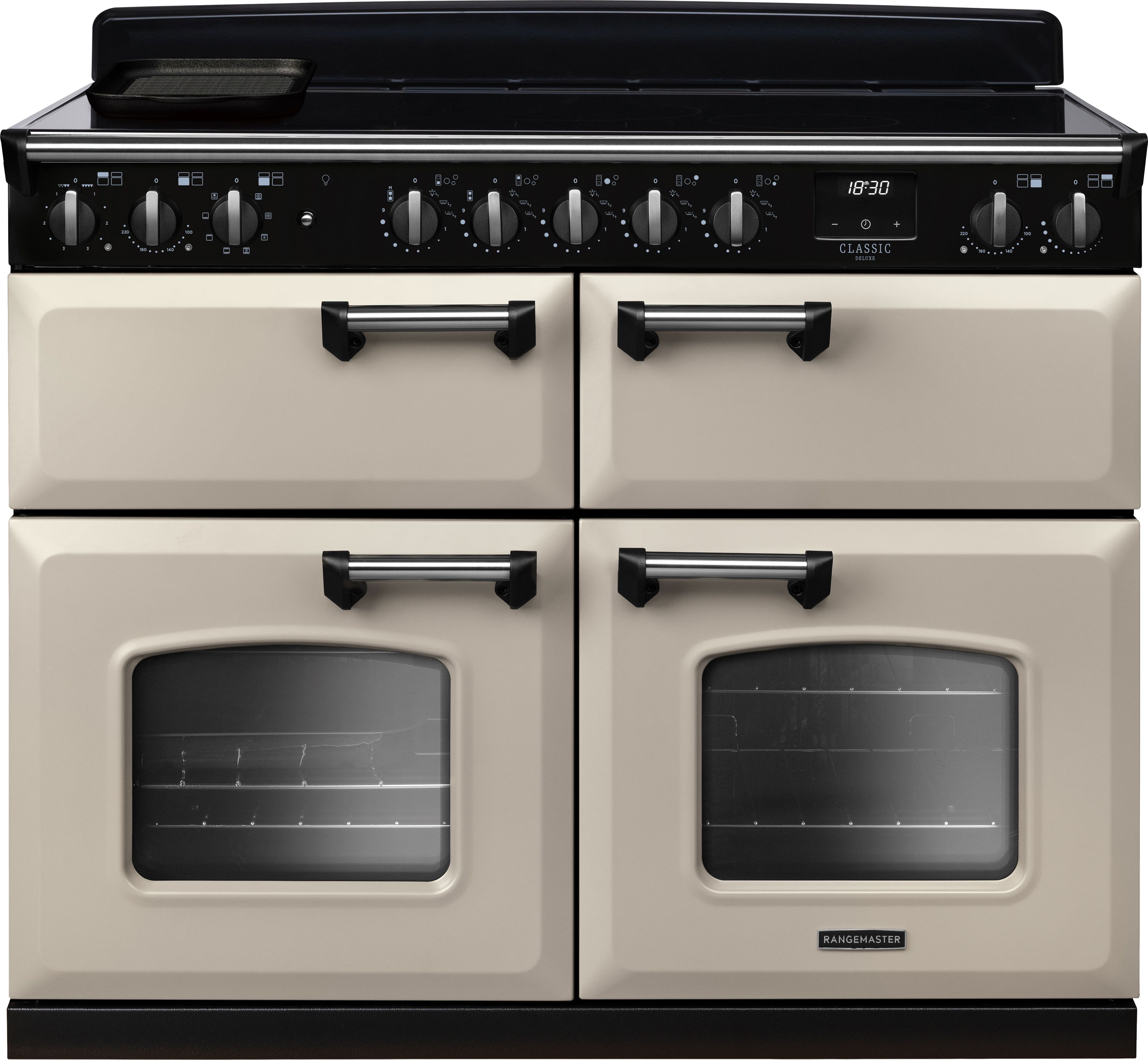 Image of Rangemaster Classic Deluxe BC CLDLB110EIPPCR/CM1 110cm wide Electric Range Cooker with Induction Hob - Cream / Chrome - A/A Rated, Cream