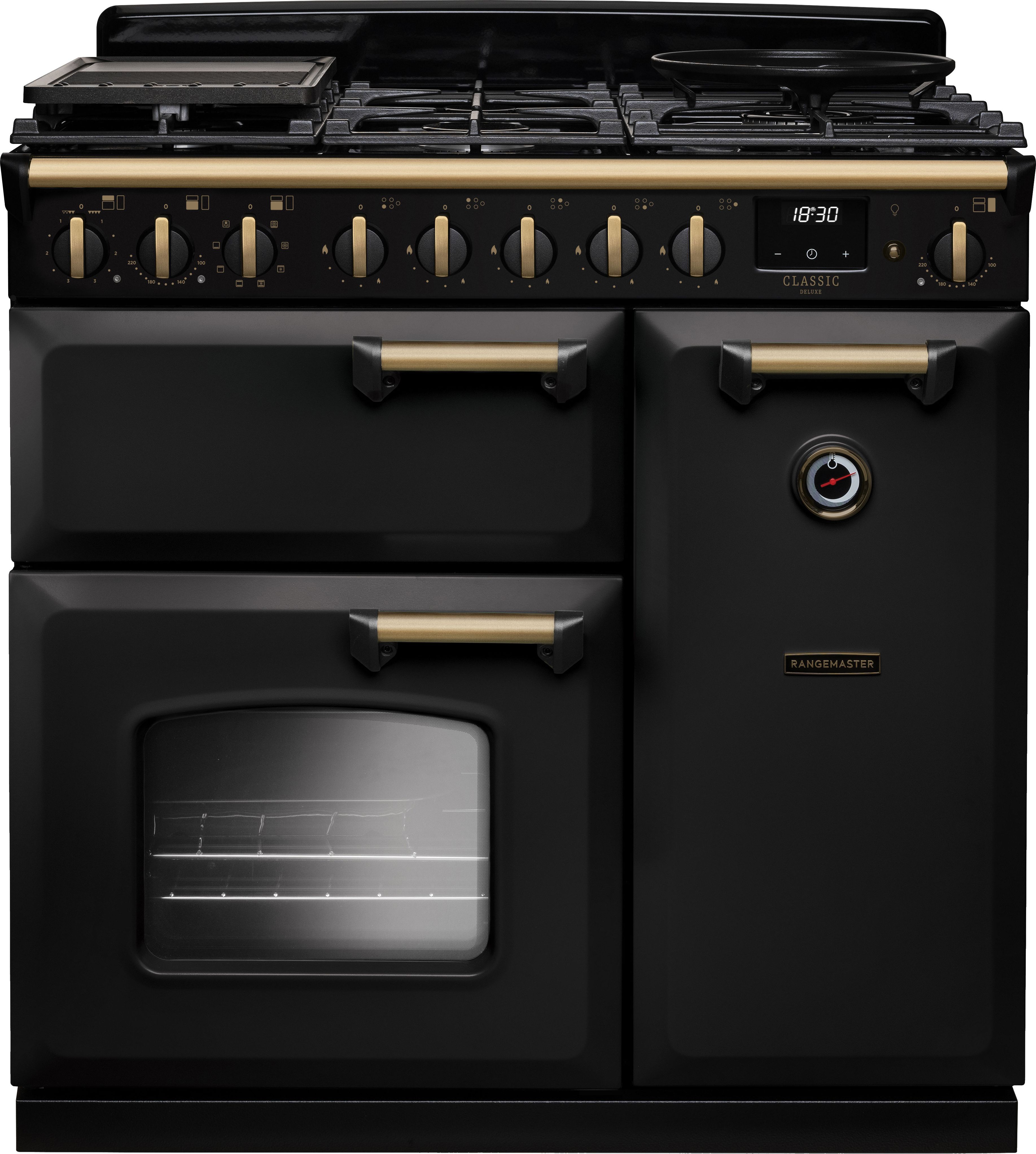 Image of Rangemaster Classic Deluxe 90 CLDL90DFPCBL/AB1 90cm wide Dual Fuel Range Cooker with Gas Hob - Charcoal Black / Antique Brass - A Rated, Black