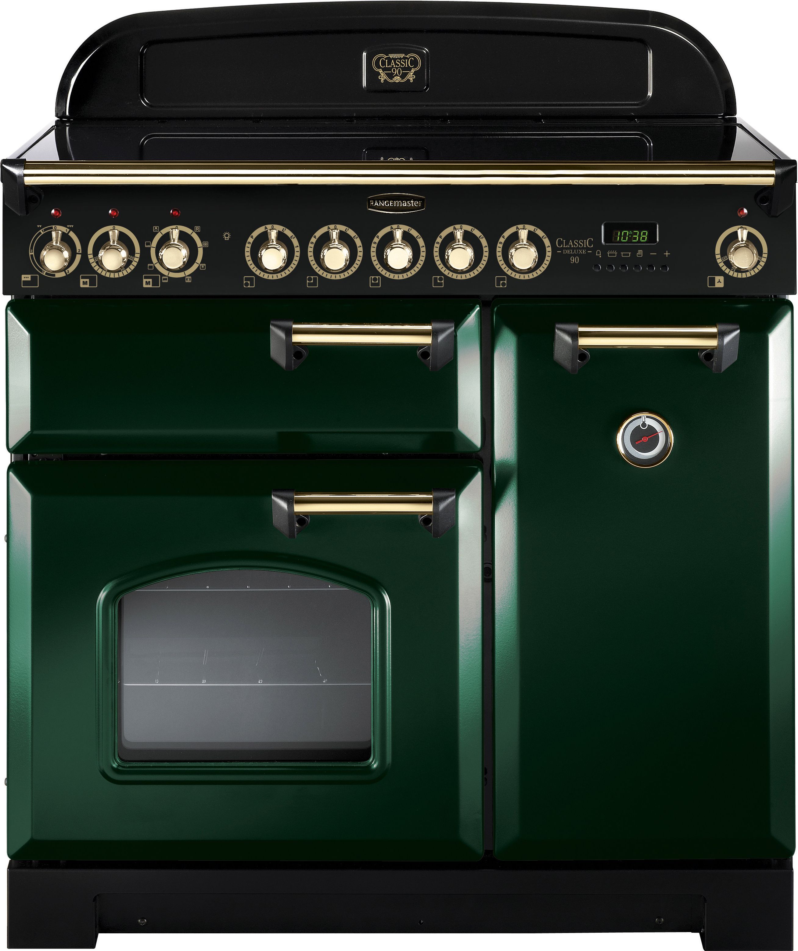 Rangemaster Classic Deluxe CDL90ECRG/B 90cm Electric Range Cooker with Ceramic Hob - Racing Green / Brass - A/A Rated, Green