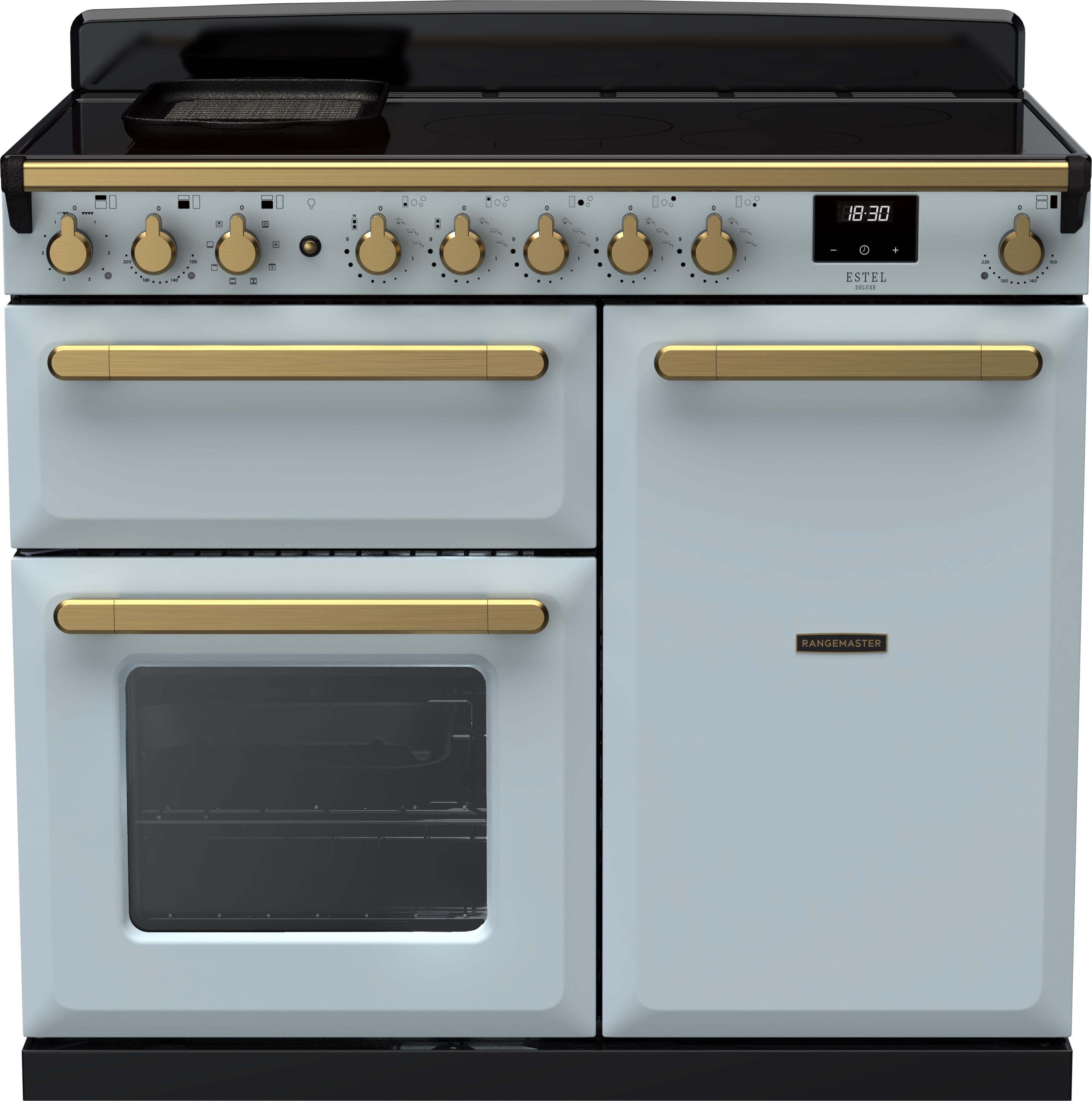 Image of Rangemaster Estel Deluxe ESDL100EIPMSB/AB1 100cm wide Electric Range Cooker with Induction Hob - Misty Blue / Chrome - A/A Rated, Blue