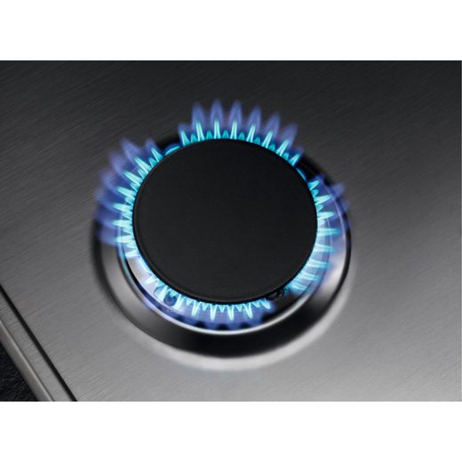 AEG 3000 Slim Line HGX75400SM 74cm Gas Hob - Stainless Steel - Close up of gas burner ring shot