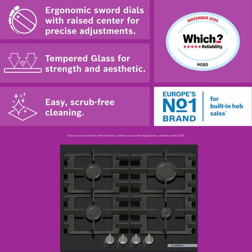 Bosch Series 4 PNP6B6K40 59cm Gas Hob - Black - Annotation - feature shot