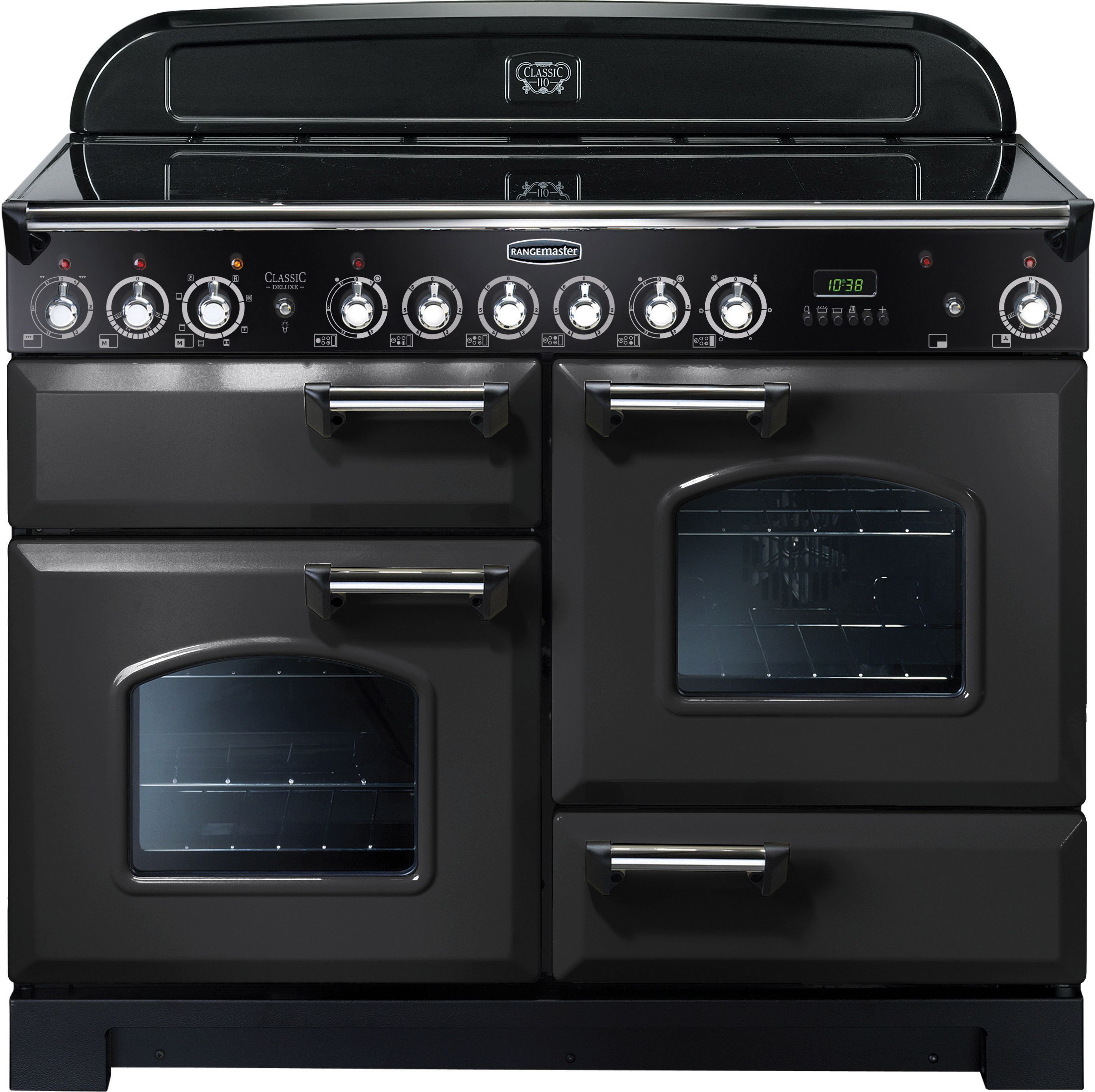 Rangemaster Classic Deluxe CDL110ECCB/C 110cm Electric Range Cooker with Ceramic Hob - Charcoal Black / Chrome - A/A Rated, Black
