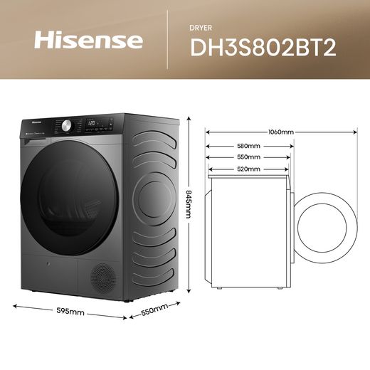 Hisense 3S Series DH3S802BT2 Wifi Connected Heat Pump Tumble Dryer - Titanium - Dimensions