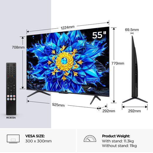 TCL P8L 55" 4K Ultra HD QLED Smart Google TV - Annotation - dimension shot 