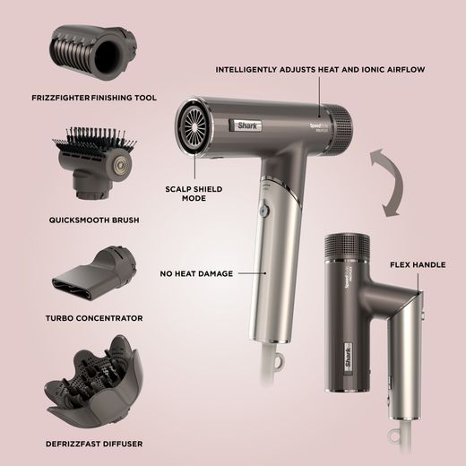 Shark SpeedStyle Pro FLEX 4-in-1 HD542UK Hair Dryer - Mocha Silver - Annotation - Features