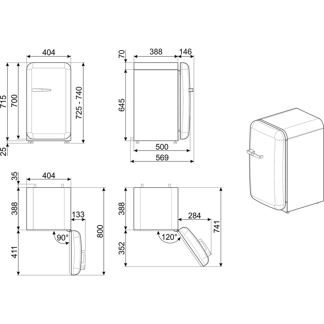 width of bar fridge