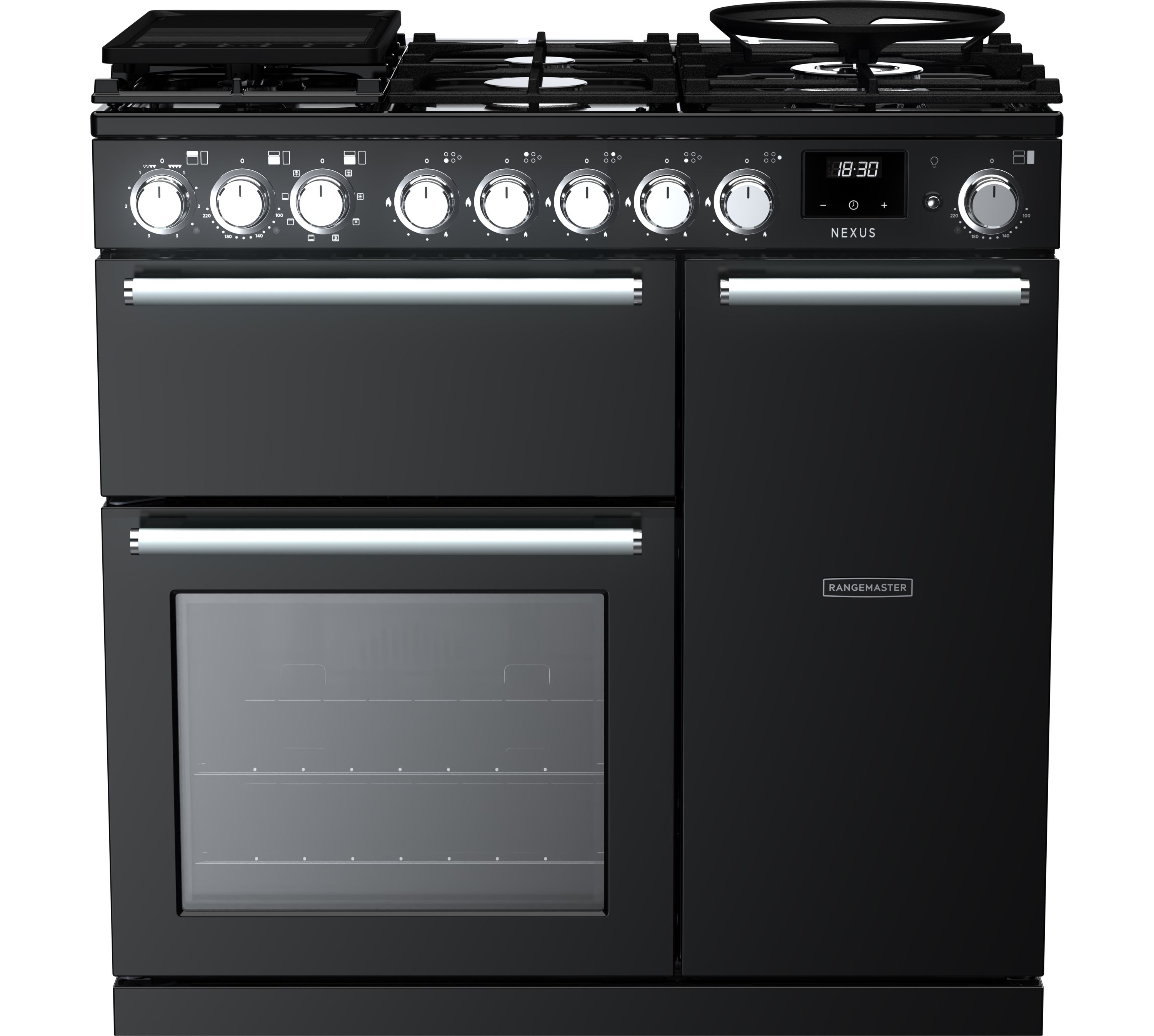 Rangemaster Nexus NEX90DFPGBL/CM1 90cm wide Dual Fuel Range Cooker with Gas Hob - Black - A Rated, Black