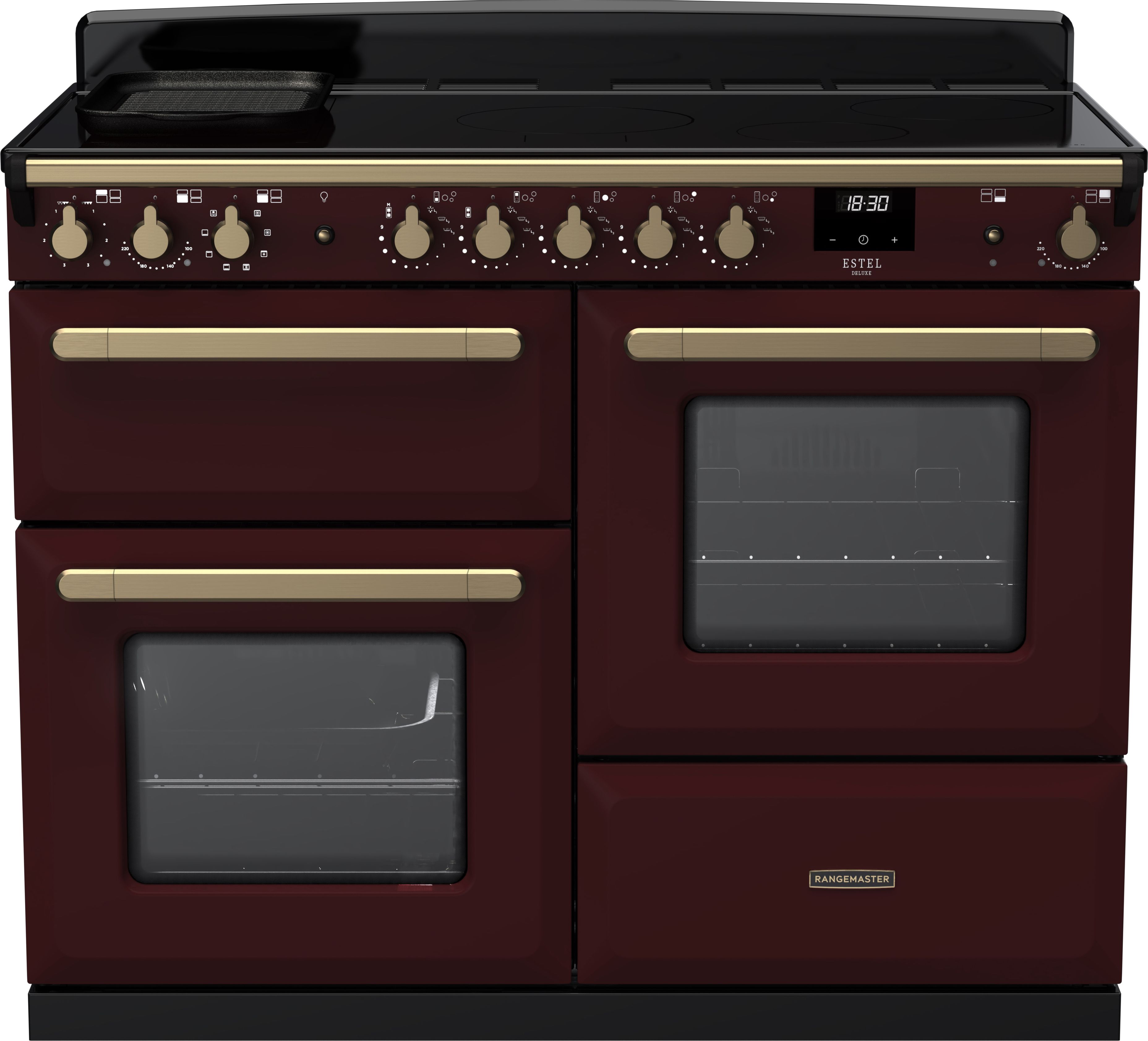 Image of Rangemaster Estel Deluxe ESDLO110EIPBOR/AB1 110cm wide Electric Range Cooker with Induction Hob - Bordeaux / Antique Brass - A Rated, Red