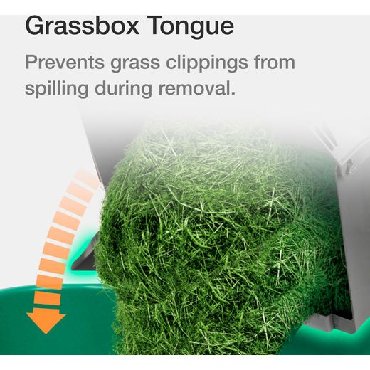Flymo EasiStore 380R Corded Lawn Mower - Sunset Orange - annotation - grassbox shot