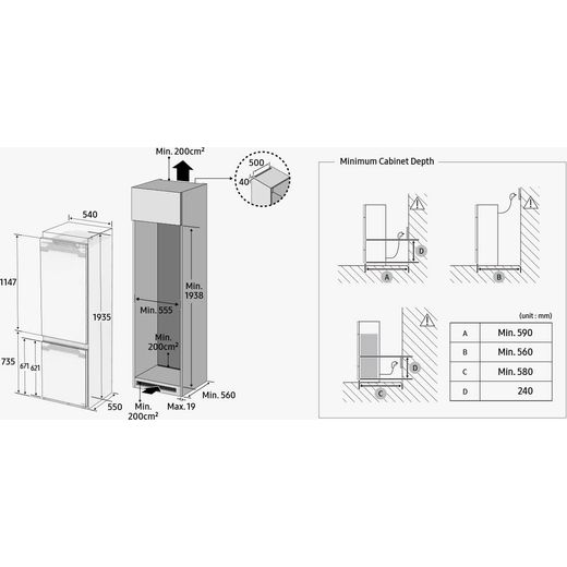 Samsung Series 6 SpaceMax™ 70/30 Total No Frost Fridge Freezer with Sliding Door Fixing Kit - White - Dimensions
