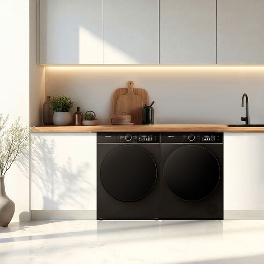 Hisense 3i KitchenFit Series DH3I904UBDC Wifi Connected 9Kg Heat Pump Tumble Dryer - lifestyle - tumble dryer next to washing machine in kitchen