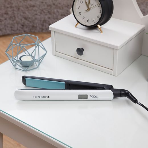 Remington S8500 Hair Straighteners - White / Blue - Straighteners on dressing table