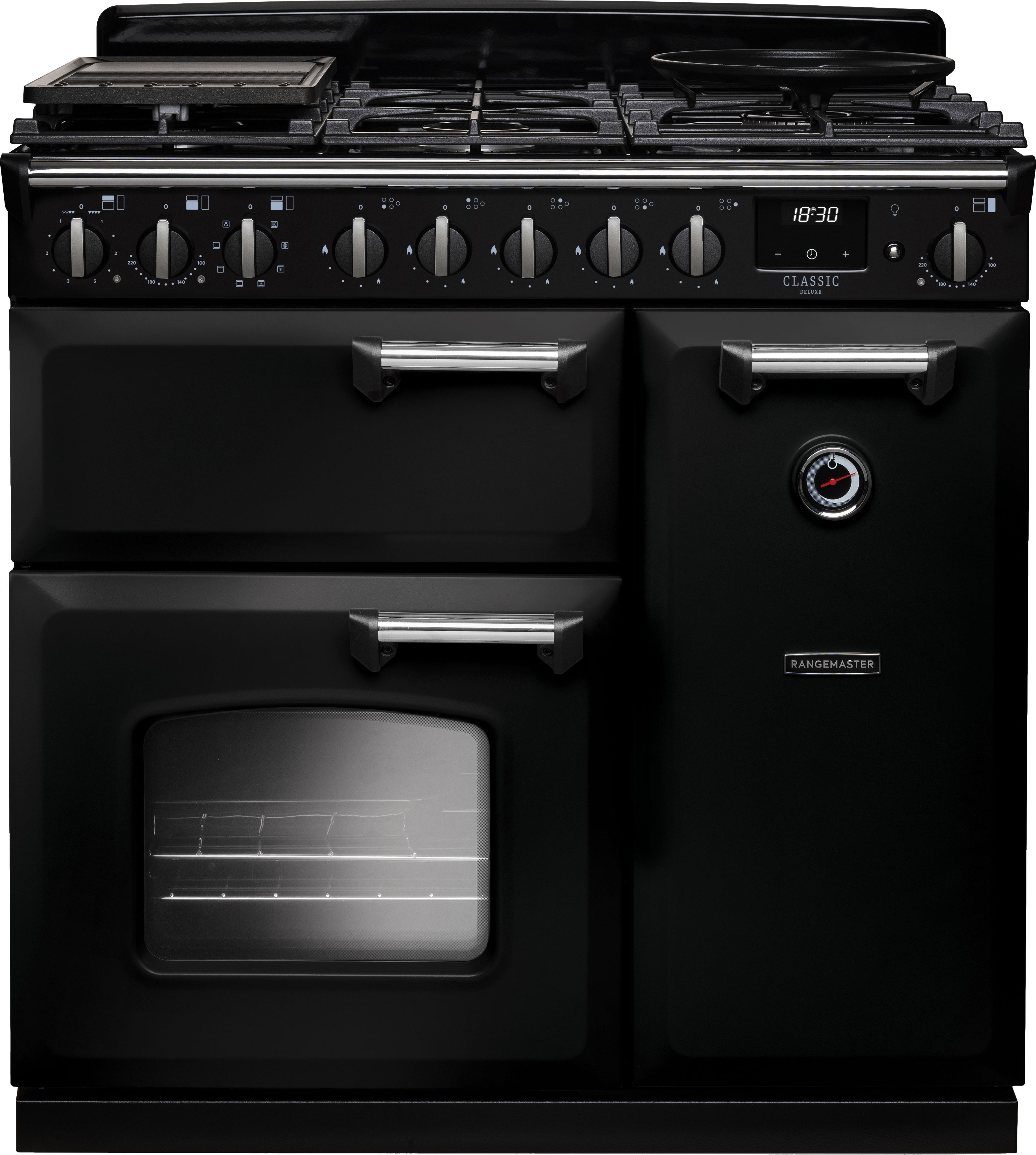 Image of Rangemaster Classic Deluxe CLDL90DFPGBL/CM1 90cm wide Dual Fuel Range Cooker with Gas Hob - Black / Chrome - A Rated, Black