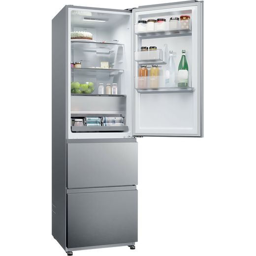 Haier HTR3518ENMXK Fridge Freezer Stainless Steel Effect - Right perspective with door open shot