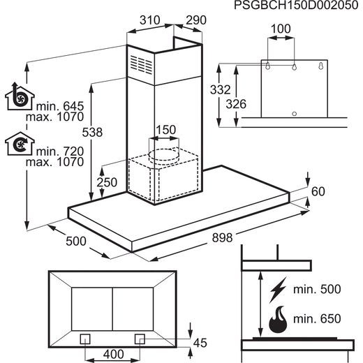 AEG DKB5960HM 90 cm Chimney Cooker Hood - Stainless Steel - Annotation - Dimension shot
