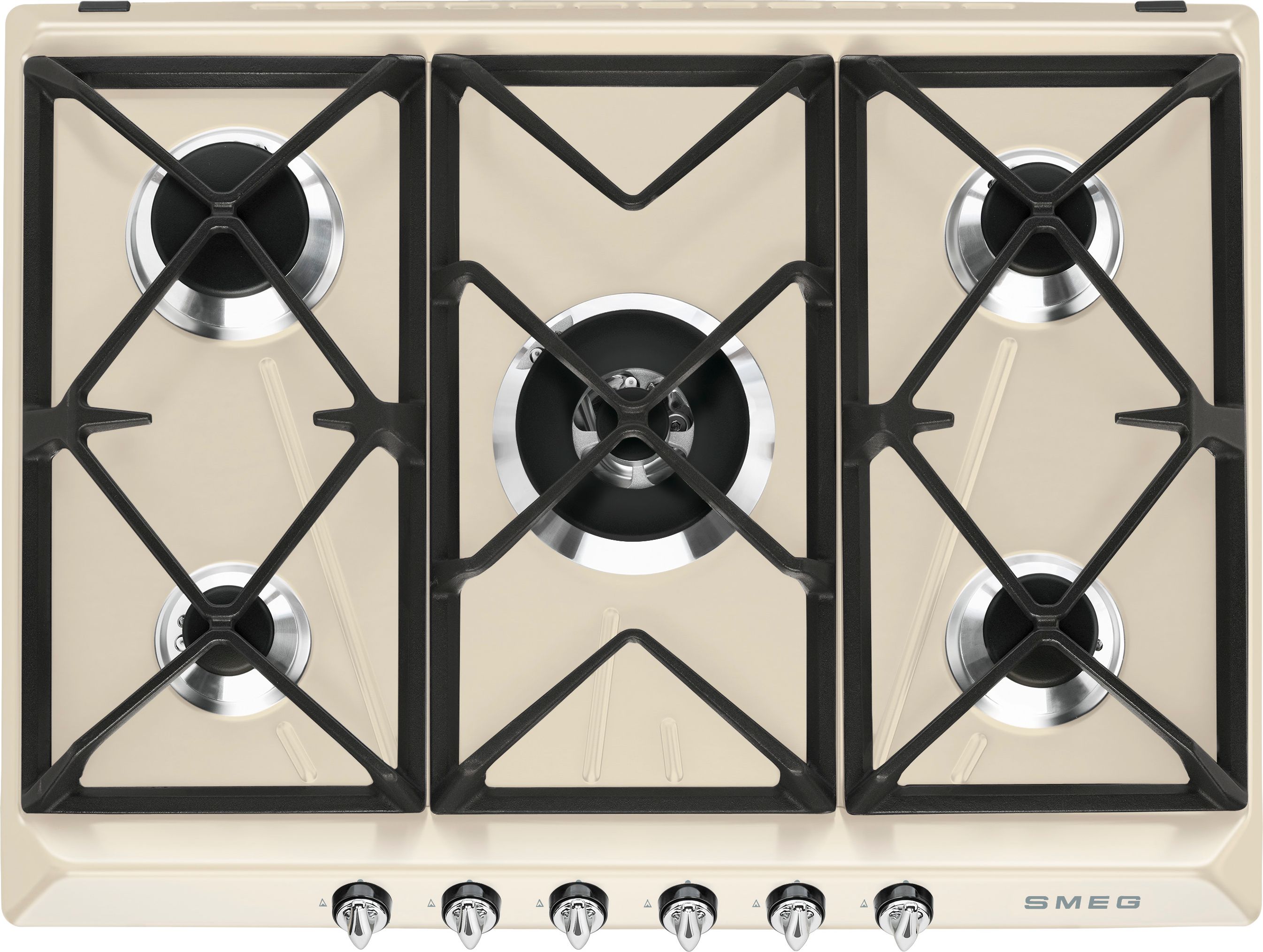 Smeg 68.5 cm Gas Hob - Cream - 5 Burner - Cast Iron Pan Supports