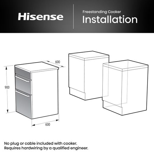 Hisense Hi6 Max HDCEIT6C20B 60cm Wide Double Oven Electric Cooker with Induction Hob - Jet Black - Dimensions