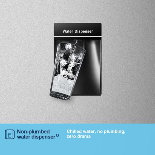 Fridgemaster MC55265DES 180cm 70/30 Fridge Freezer - Silver - Annotation - Non-plumbed water dispenser