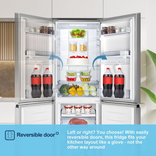 Fridgemaster MC55251DES 182cm 50/50 No Frost Fridge Freezer - Silver - Annotation - Reversable door shot