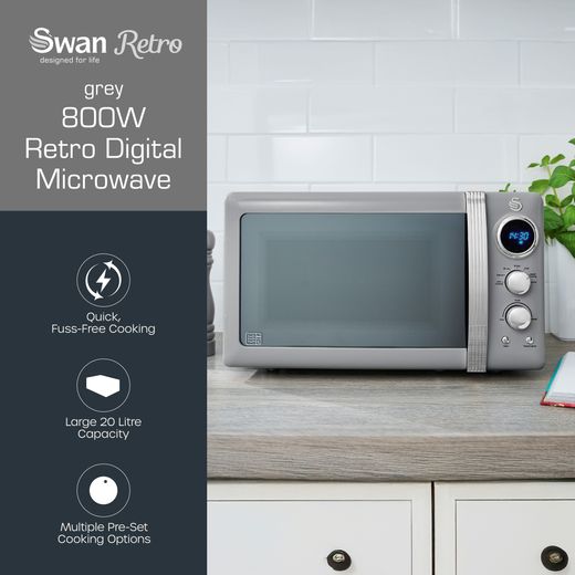 Swan Retro SM22030LGRN 20 Litre 26cm High, Freestanding Small Standard Microwave Oven - Grey - Annotation - feature shot