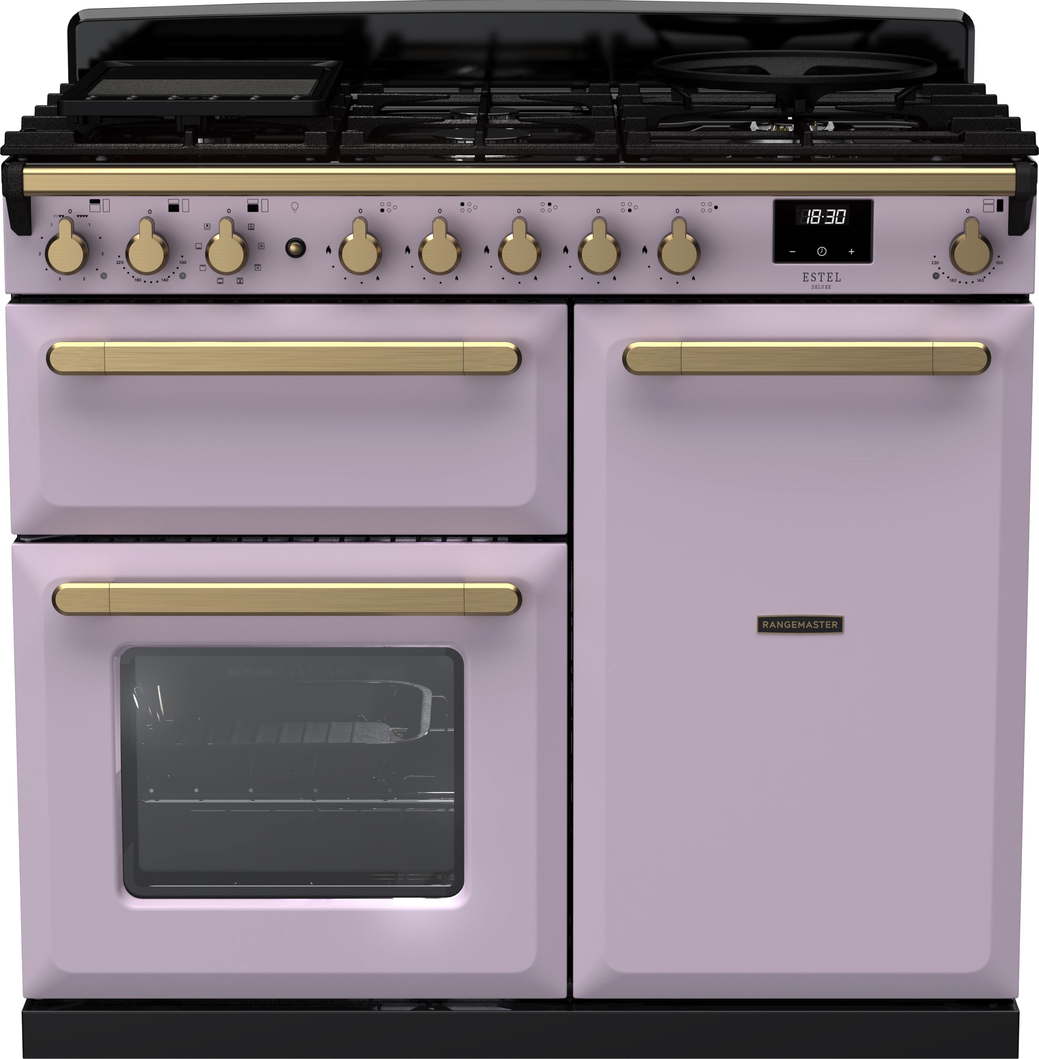 Image of Rangemaster Estel Deluxe ESDL100DFPHTH/AB1 100cm wide Dual Fuel Range Cooker with Gas Hob - Heather / Antique Brass - A/A Rated, Purple