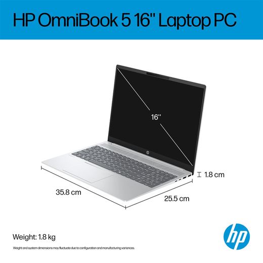 HP OmniBook 5 16-bc1001na 16" Laptop - AMD Ryzen™ 7, 1TB SSD, 16 GB RAM - Silver - Annotation - Dimensions
