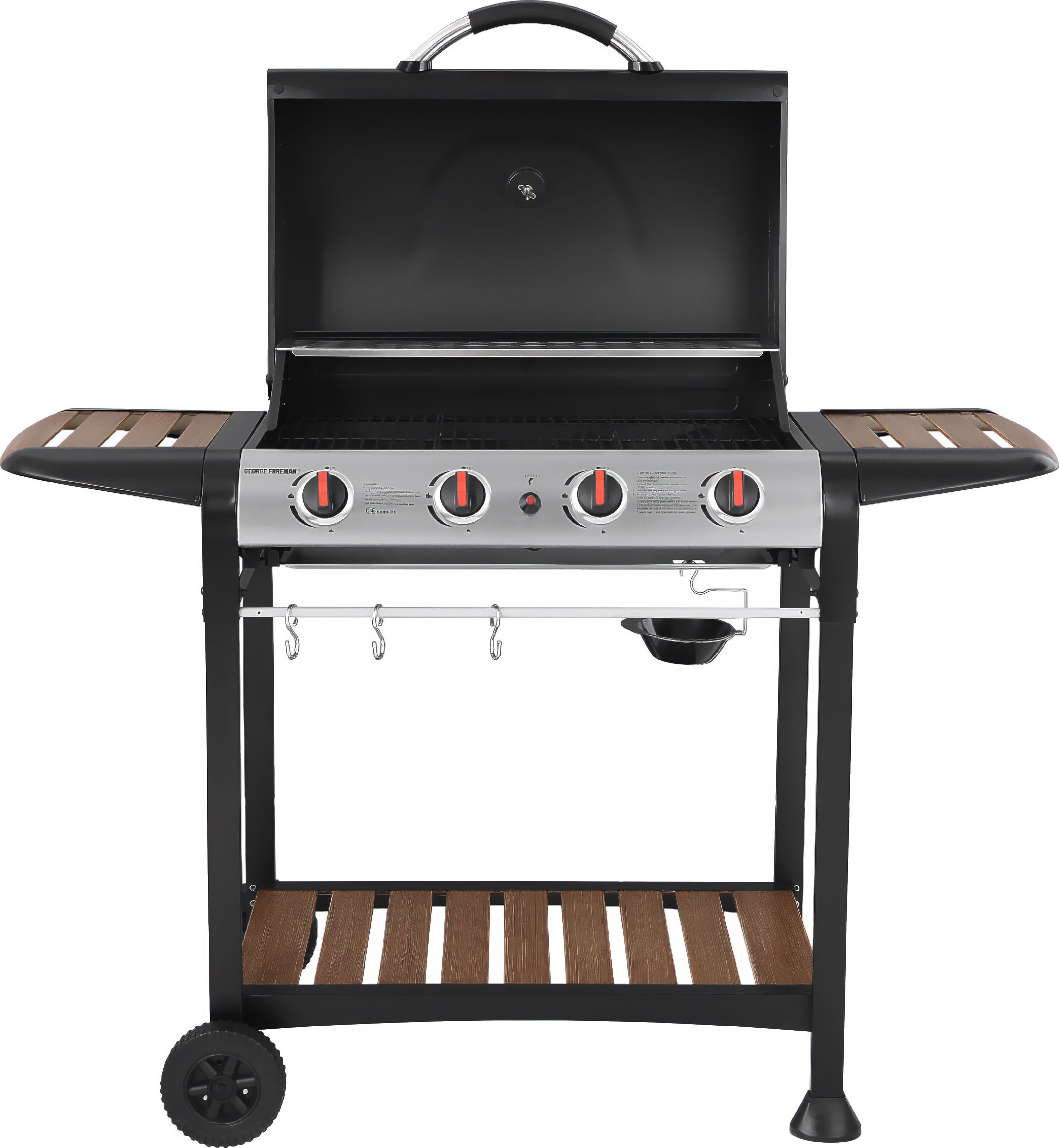 George Foreman Product Care Group GFGBBQ4BW 4 Burner Gas Barbecue - Black / Wood, Black
