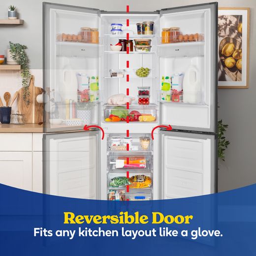Russell Hobbs RH181TNF552E2SSWD 181cm 50/50 Frost Free Fridge Freezer - Stainless Steel - Annotation - reversible door shot 