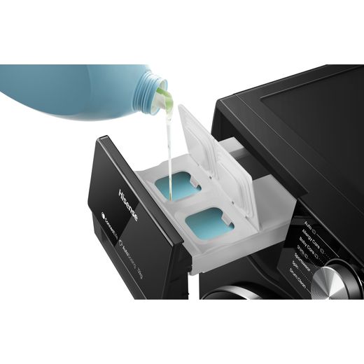 Hisense WF5S1245BB 12kg Washing Machine with 1400 rpm - Black - Detergent being poured into detergent drawer shot