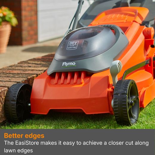 Flymo 36V EasiStore 340R Cordless Lawn Mower - Orange - Annotation - better edge shot