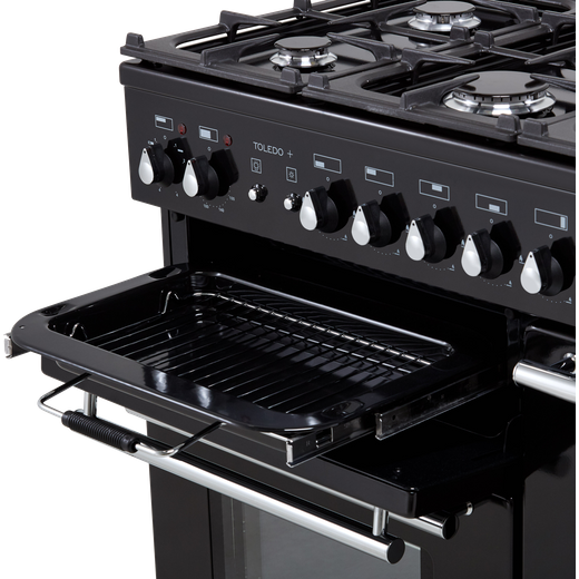 Rangemaster Toledo + 90cm Dual Fuel Range Cooker - Black / Chrome - Grill pan closeup