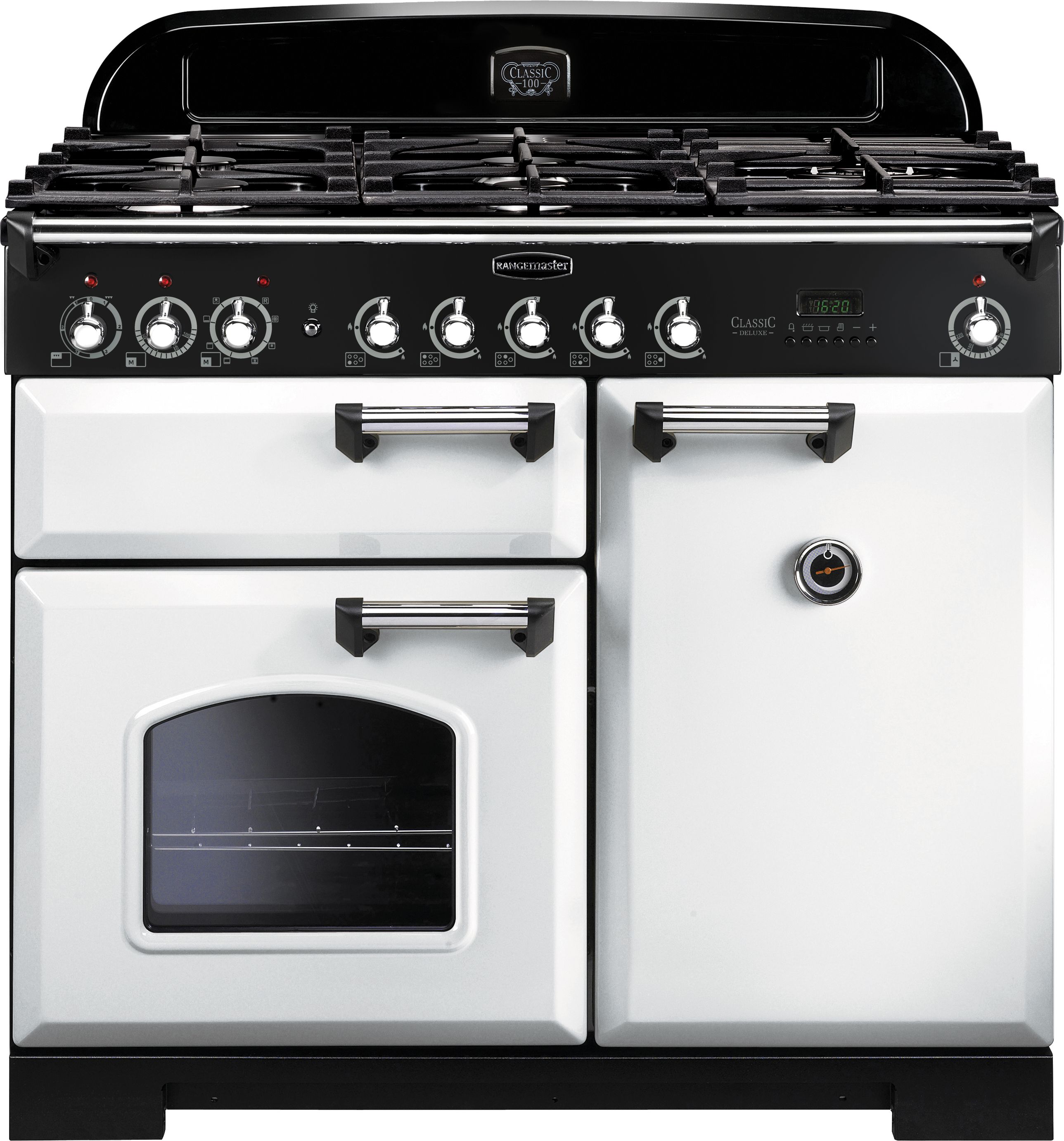 Rangemaster Classic Deluxe CDL100DFFWH/C 100cm Dual Fuel Range Cooker - White / Chrome - A/A Rated, White