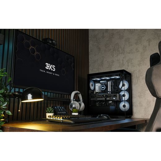 3XS Halo 5080 Gaming PC - NVIDIA® GeForce RTX™ 5080, AMD Ryzen™ 7, 2TB SSD, 32 GB RAM - Black - computer in office shot