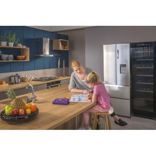 Haier American Fridge Freezer - Platinum Inox - Mother and child in kitchen with fridge freezer behind