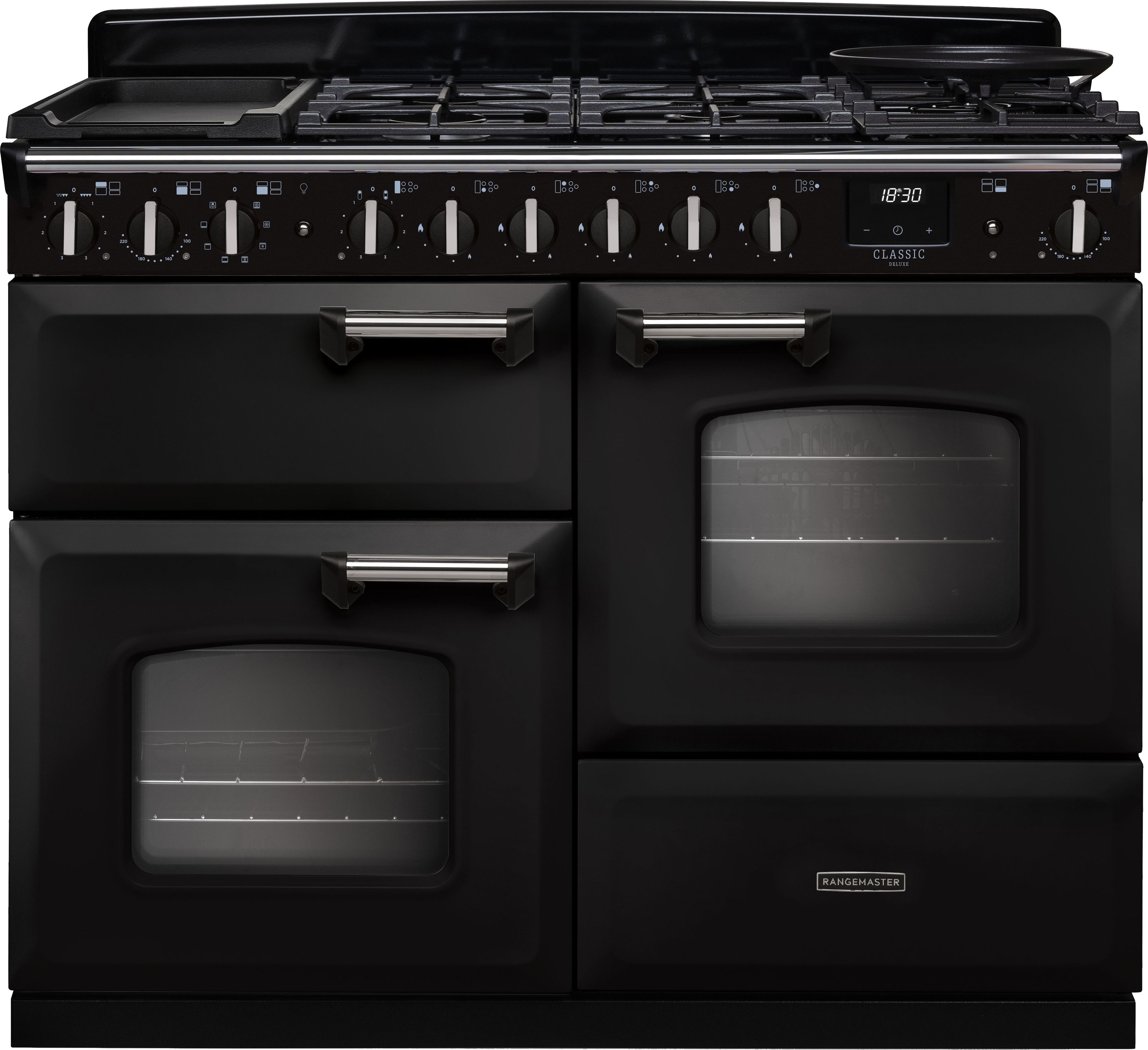 Image of Rangemaster Classic Deluxe 110 CLDLO110DFPCBL/CM1 110cm wide Dual Fuel Range Cooker with Gas Hob - Charcoal Black / Chrome - A Rated, Black