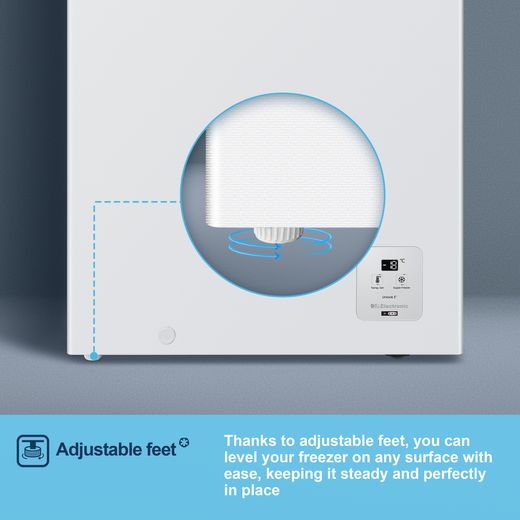Fridgemaster Chest Freezer - White - Annotation - adjustable feet shot 