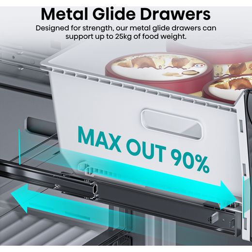 Hisense RB3B250SAWE1 177cm 70/30 Integrated Frost Free Fridge Freezer with Sliding Door Fixing Kit - White - Annotation - Metal glide drawers shot