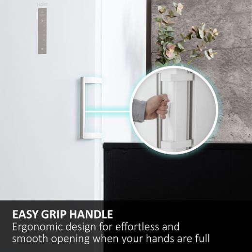 Haier InstaSwitch Frost Free Upright Freezer - White - Annotation - Handle shot