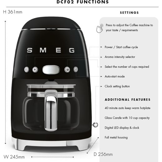 Smeg 50's Retro Filter Coffee Machine with Timer - Black - Annotation - Functions and features