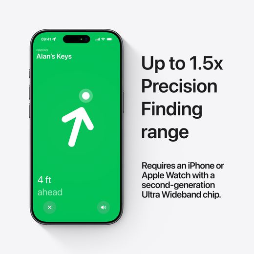 Apple AirTag 2nd Generation Smart Tracker - White - Annotation - Up to 1.5x precision finding range