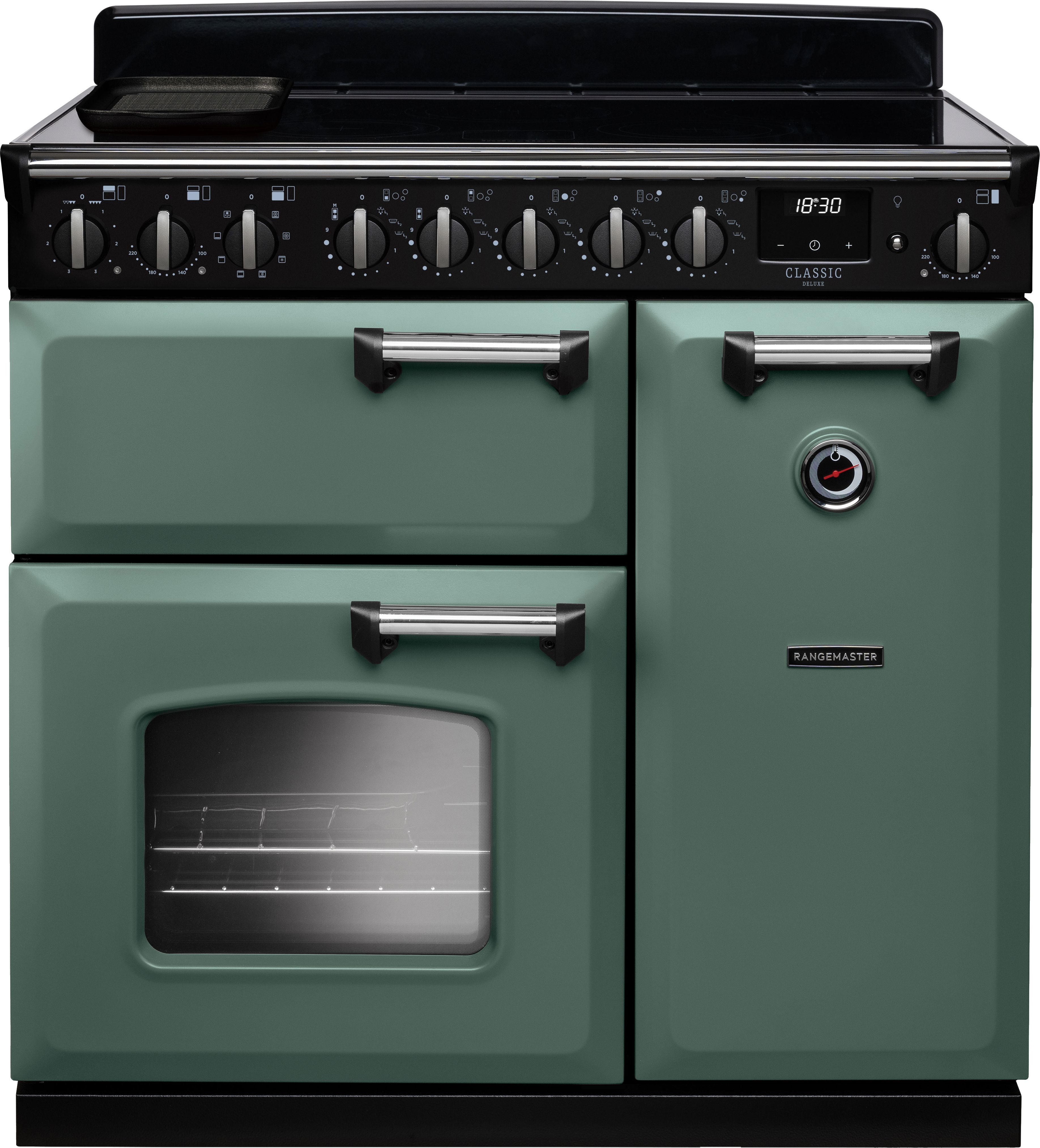 Image of Rangemaster Classic Deluxe CLDL90EIPMGR/CM1 90cm wide Electric Range Cooker with Induction Hob - Mineral Green / Chrome - A/A Rated, Green