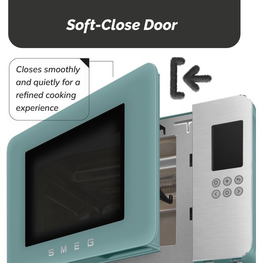 Smeg Collezione MOC01EGMUK 26 Litre 30cm High, Freestanding Small Microwave With Grill - Emerald Green - Annotation - soft close door shot