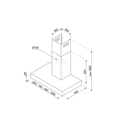 Smeg Universal KBT900NE 90cm Chimney Cooker Hood - Matte Black - Dimensions