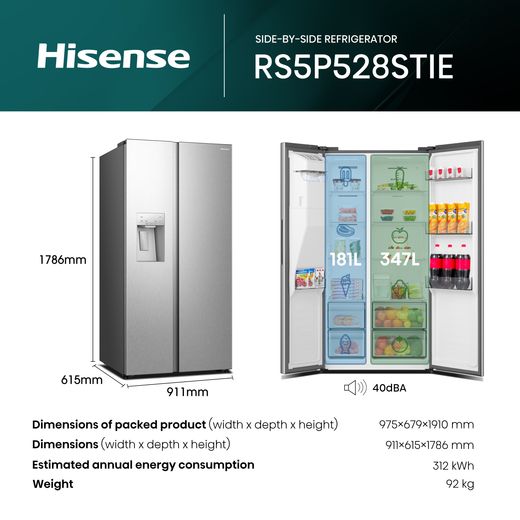 Hisense American Fridge Freezer - Stainless Steel  - Annotation -  dimension shot 