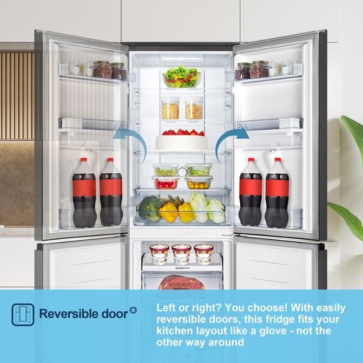 Fridgemaster MC55251DEB 182cm 50/50 No Frost Fridge Freezer - Black - Annotation - Reversable door shot