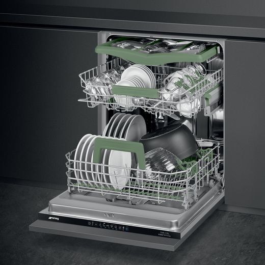Smeg Integrated Standard Dishwasher - Black - Dishwasher with door open in kitchen shot