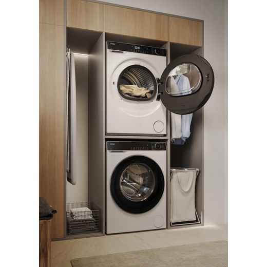 Haier HD80-D357U1-UK Wifi Connected Heat Pump Tumble Dryer - White - Washing machine and tumble dryer in laundry room