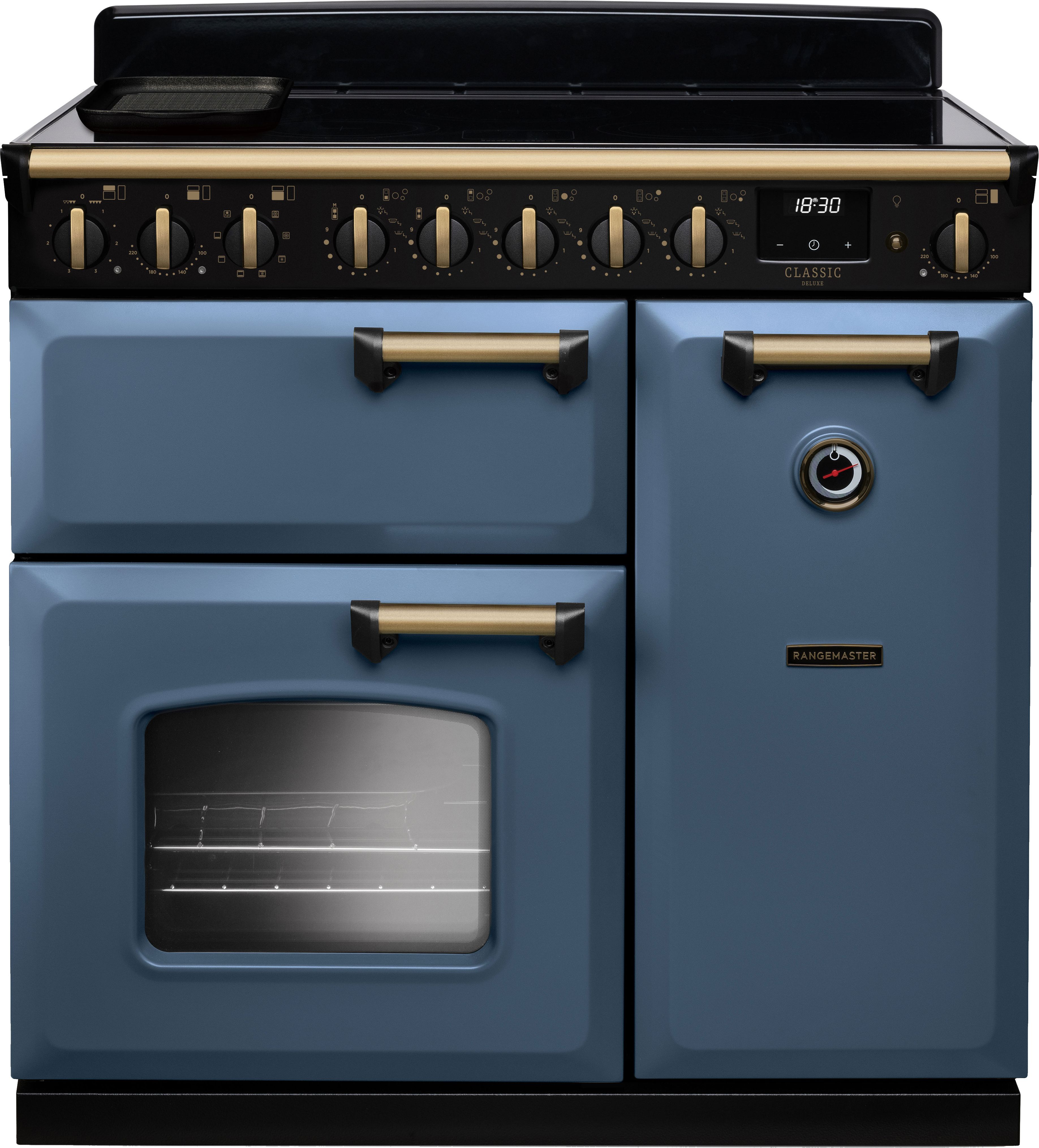 Image of Rangemaster Classic Deluxe CLDL90EIPSTB/AB1 90cm wide Electric Range Cooker with Induction Hob - Stone Blue / Antique Brass - A/A Rated, Blue